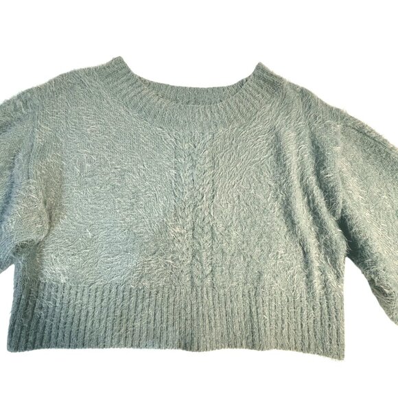 Oliveacous Fuzzy Knit Cropped Sweater Balloon Sleeves Light Sage Green Size M - Picture 2 of 6
